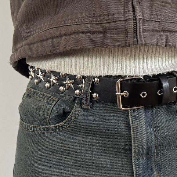 Y2K Black Silver Star Studded Belt Unisex Goth Emo Style 44" Long - Picture 12 of 16